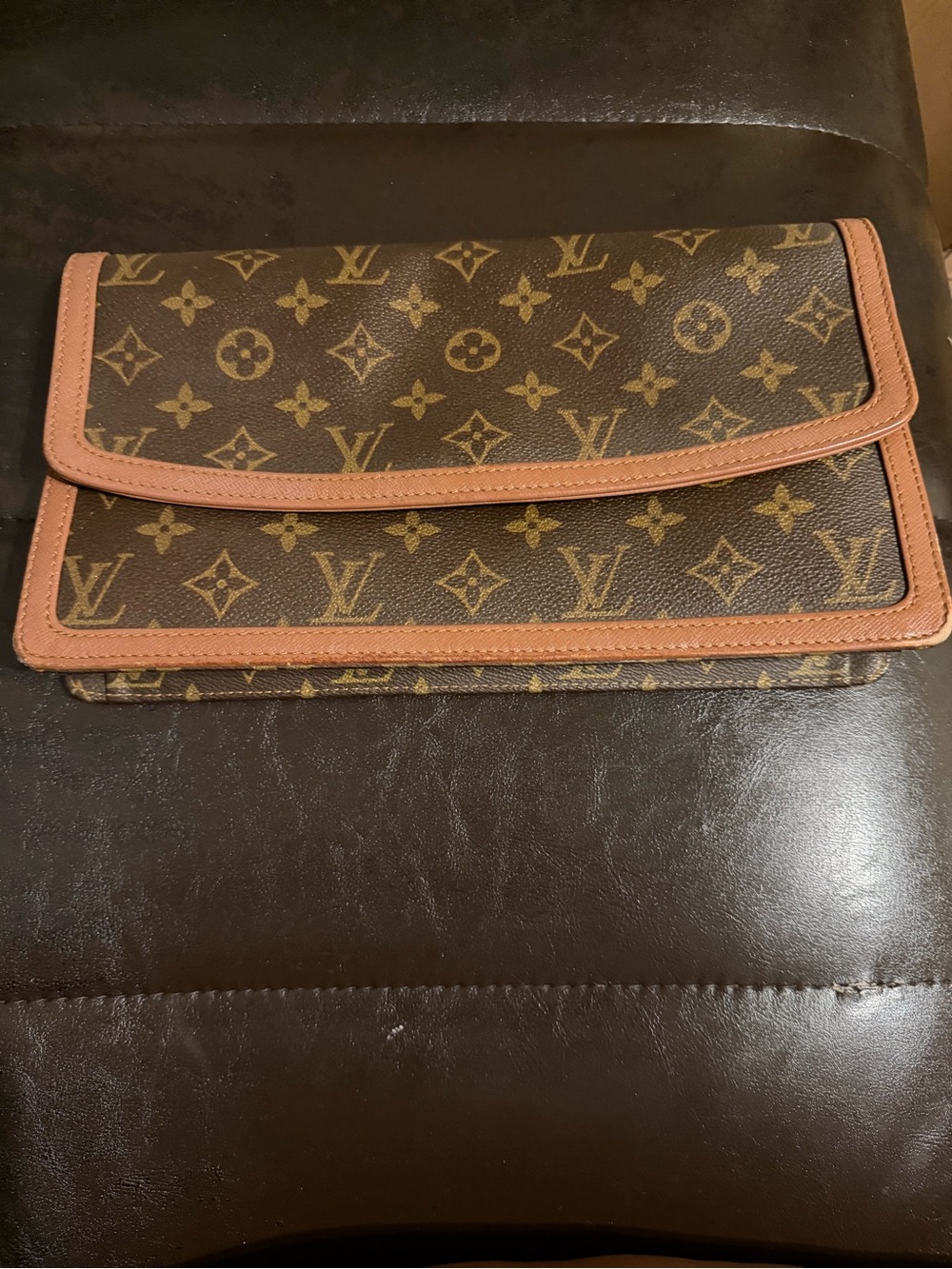 Louis Vuitton Monogram Clutch in Brown with Tan Trim